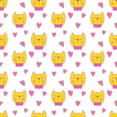 Sevgililer Günü 'nü seven el çizimi sevimli kedi, kusursuz desen, arka plan, çizgi film, baskı, sanat