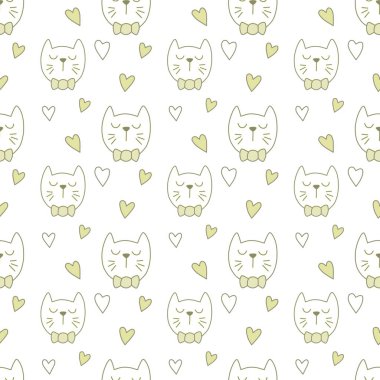 Sevgililer Günü 'nü seven el çizimi sevimli kedi, kusursuz desen, arka plan, çizgi film, baskı, sanat