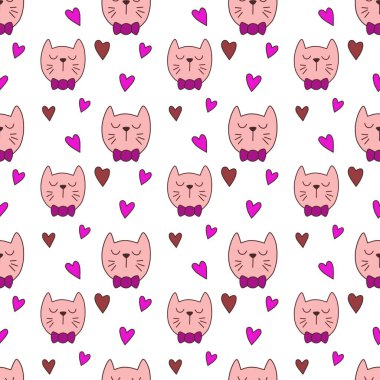 Sevgililer Günü 'nü seven el çizimi sevimli kedi, kusursuz desen, arka plan, çizgi film, baskı, sanat