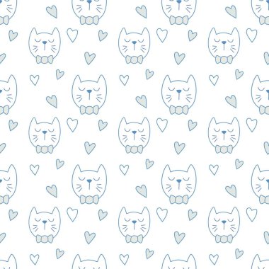 Sevgililer Günü 'nü seven el çizimi sevimli kedi, kusursuz desen, arka plan, çizgi film, baskı, sanat