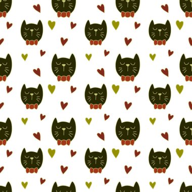 Sevgililer Günü 'nü seven el çizimi sevimli kedi, kusursuz desen, arka plan, çizgi film, baskı, sanat