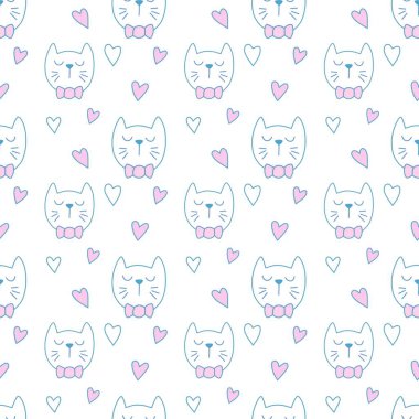 Sevgililer Günü 'nü seven el çizimi sevimli kedi, kusursuz desen, arka plan, çizgi film, baskı, sanat