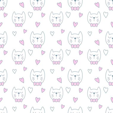 Sevgililer Günü 'nü seven el çizimi sevimli kedi, kusursuz desen, arka plan, çizgi film, baskı, sanat