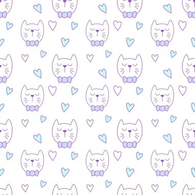 Sevgililer Günü 'nü seven el çizimi sevimli kedi, kusursuz desen, arka plan, çizgi film, baskı, sanat