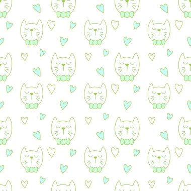 Sevgililer Günü 'nü seven el çizimi sevimli kedi, kusursuz desen, arka plan, çizgi film, baskı, sanat