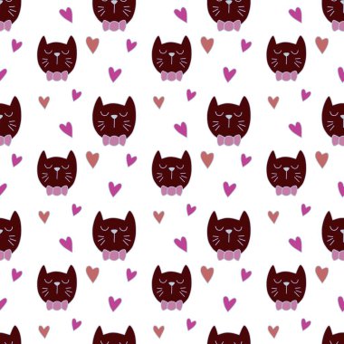 Sevgililer Günü 'nü seven el çizimi sevimli kedi, kusursuz desen, arka plan, çizgi film, baskı, sanat