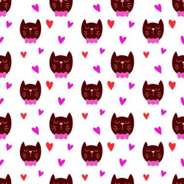 Sevgililer Günü 'nü seven el çizimi sevimli kedi, kusursuz desen, arka plan, çizgi film, baskı, sanat