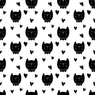 Sevgililer Günü 'nü seven el çizimi sevimli kedi, kusursuz desen, arka plan, çizgi film, baskı, sanat