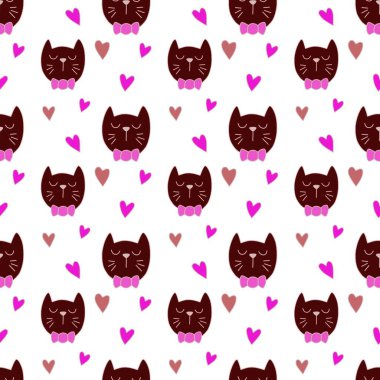 Sevgililer Günü 'nü seven el çizimi sevimli kedi, kusursuz desen, arka plan, çizgi film, baskı, sanat