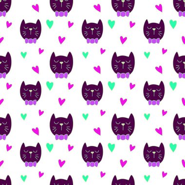 Sevgililer Günü 'nü seven el çizimi sevimli kedi, kusursuz desen, arka plan, çizgi film, baskı, sanat