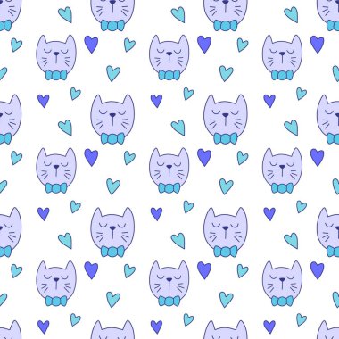 Sevgililer Günü 'nü seven el çizimi sevimli kedi, kusursuz desen, arka plan, çizgi film, baskı, sanat