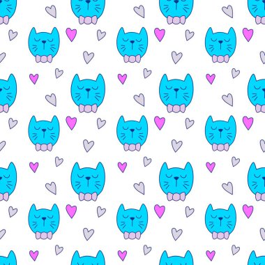 Sevgililer Günü 'nü seven el çizimi sevimli kedi, kusursuz desen, arka plan, çizgi film, baskı, sanat