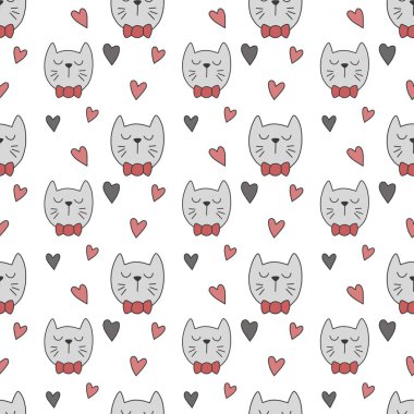 Sevgililer Günü 'nü seven el çizimi sevimli kedi, kusursuz desen, arka plan, çizgi film, baskı, sanat