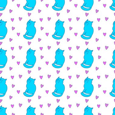 Sevgililer Günü 'nü seven el çizimi sevimli kedi, kusursuz desen, arka plan, çizgi film, baskı, sanat