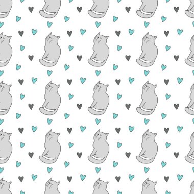 Sevgililer Günü 'nü seven el çizimi sevimli kedi, kusursuz desen, arka plan, çizgi film, baskı, sanat