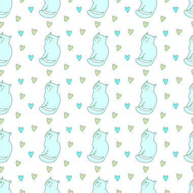 Sevgililer Günü 'nü seven el çizimi sevimli kedi, kusursuz desen, arka plan, çizgi film, baskı, sanat