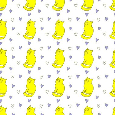 Sevgililer Günü 'nü seven el çizimi sevimli kedi, kusursuz desen, arka plan, çizgi film, baskı, sanat