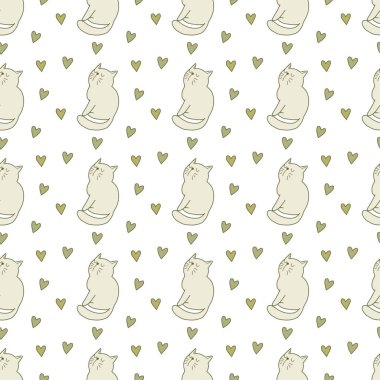 Sevgililer Günü 'nü seven el çizimi sevimli kedi, kusursuz desen, arka plan, çizgi film, baskı, sanat