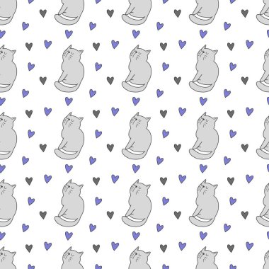 Sevgililer Günü 'nü seven el çizimi sevimli kedi, kusursuz desen, arka plan, çizgi film, baskı, sanat