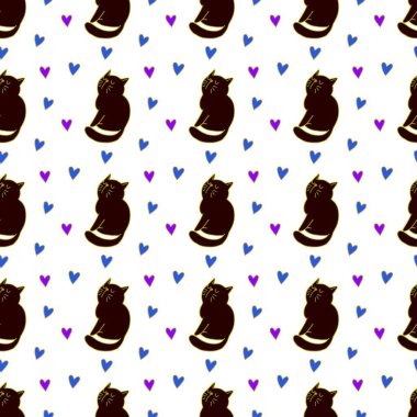 Sevgililer Günü 'nü seven el çizimi sevimli kedi, kusursuz desen, arka plan, çizgi film, baskı, sanat