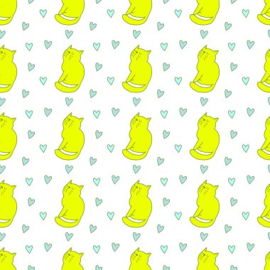 Sevgililer Günü 'nü seven el çizimi sevimli kedi, kusursuz desen, arka plan, çizgi film, baskı, sanat