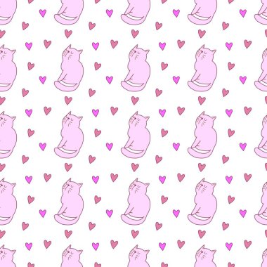 Sevgililer Günü 'nü seven el çizimi sevimli kedi, kusursuz desen, arka plan, çizgi film, baskı, sanat