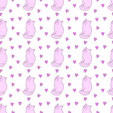 Sevgililer Günü 'nü seven el çizimi sevimli kedi, kusursuz desen, arka plan, çizgi film, baskı, sanat