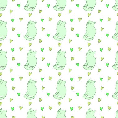 Sevgililer Günü 'nü seven el çizimi sevimli kedi, kusursuz desen, arka plan, çizgi film, baskı, sanat