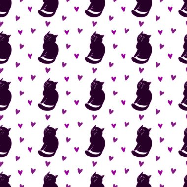 Sevgililer Günü 'nü seven el çizimi sevimli kedi, kusursuz desen, arka plan, çizgi film, baskı, sanat