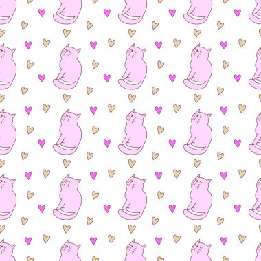 Sevgililer Günü 'nü seven el çizimi sevimli kedi, kusursuz desen, arka plan, çizgi film, baskı, sanat