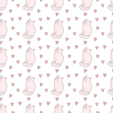 Sevgililer Günü 'nü seven el çizimi sevimli kedi, kusursuz desen, arka plan, çizgi film, baskı, sanat