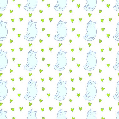 Sevgililer Günü 'nü seven el çizimi sevimli kedi, kusursuz desen, arka plan, çizgi film, baskı, sanat