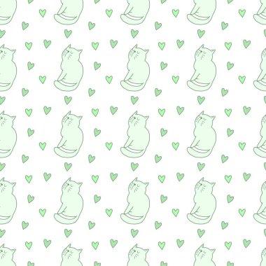 Sevgililer Günü 'nü seven el çizimi sevimli kedi, kusursuz desen, arka plan, çizgi film, baskı, sanat