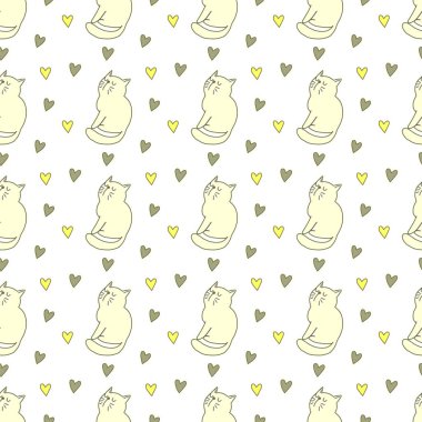 Sevgililer Günü 'nü seven el çizimi sevimli kedi, kusursuz desen, arka plan, çizgi film, baskı, sanat