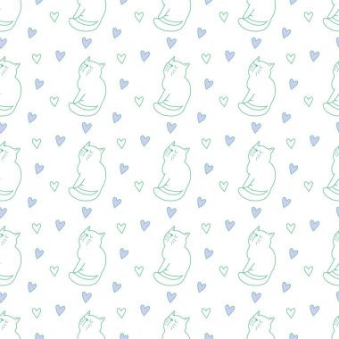 Sevgililer Günü 'nü seven el çizimi sevimli kedi, kusursuz desen, arka plan, çizgi film, baskı, sanat