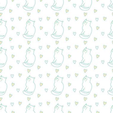 Sevgililer Günü 'nü seven el çizimi sevimli kedi, kusursuz desen, arka plan, çizgi film, baskı, sanat