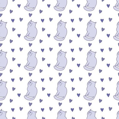 Sevgililer Günü 'nü seven el çizimi sevimli kedi, kusursuz desen, arka plan, çizgi film, baskı, sanat