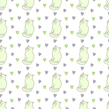 Sevgililer Günü 'nü seven el çizimi sevimli kedi, kusursuz desen, arka plan, çizgi film, baskı, sanat