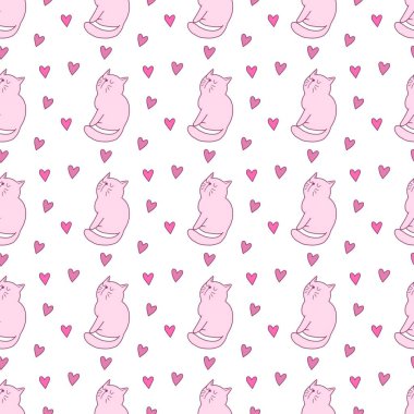 Sevgililer Günü 'nü seven el çizimi sevimli kedi, kusursuz desen, arka plan, çizgi film, baskı, sanat