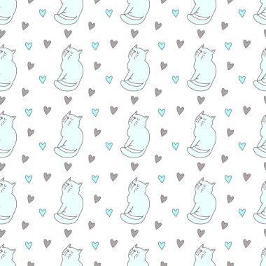 Sevgililer Günü 'nü seven el çizimi sevimli kedi, kusursuz desen, arka plan, çizgi film, baskı, sanat