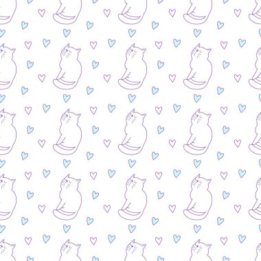 Sevgililer Günü 'nü seven el çizimi sevimli kedi, kusursuz desen, arka plan, çizgi film, baskı, sanat