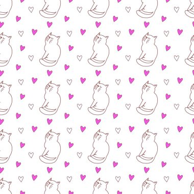 Sevgililer Günü 'nü seven el çizimi sevimli kedi, kusursuz desen, arka plan, çizgi film, baskı, sanat