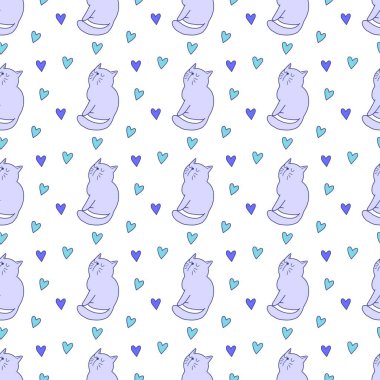 Sevgililer Günü 'nü seven el çizimi sevimli kedi, kusursuz desen, arka plan, çizgi film, baskı, sanat