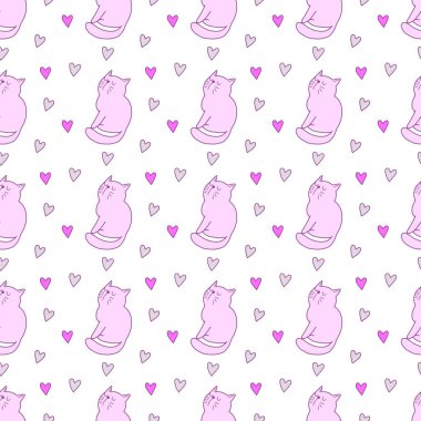Sevgililer Günü 'nü seven el çizimi sevimli kedi, kusursuz desen, arka plan, çizgi film, baskı, sanat