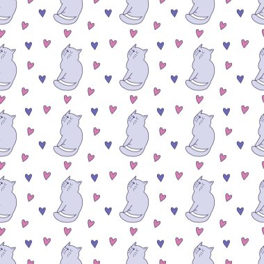 Sevgililer Günü 'nü seven el çizimi sevimli kedi, kusursuz desen, arka plan, çizgi film, baskı, sanat