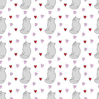 Sevgililer Günü 'nü seven el çizimi sevimli kedi, kusursuz desen, arka plan, çizgi film, baskı, sanat