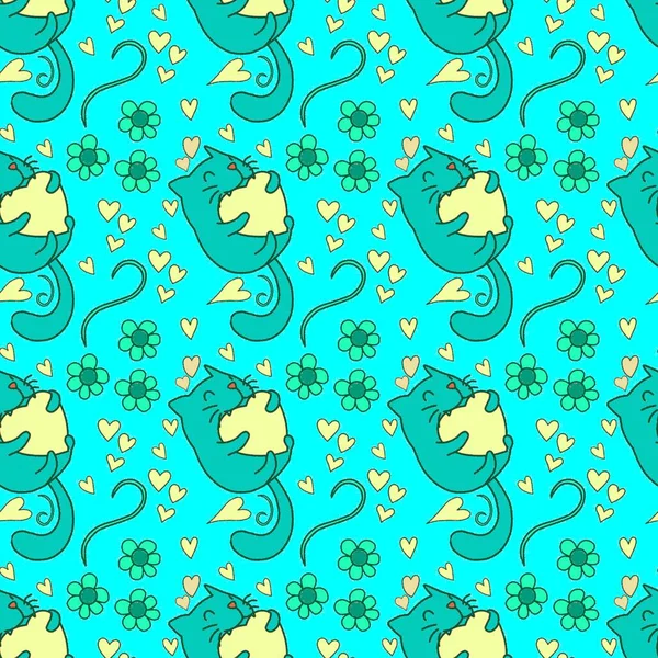 Sevgililer Günü 'nü seven el çizimi sevimli kedi, kusursuz desen, arka plan, çizgi film, baskı, sanat