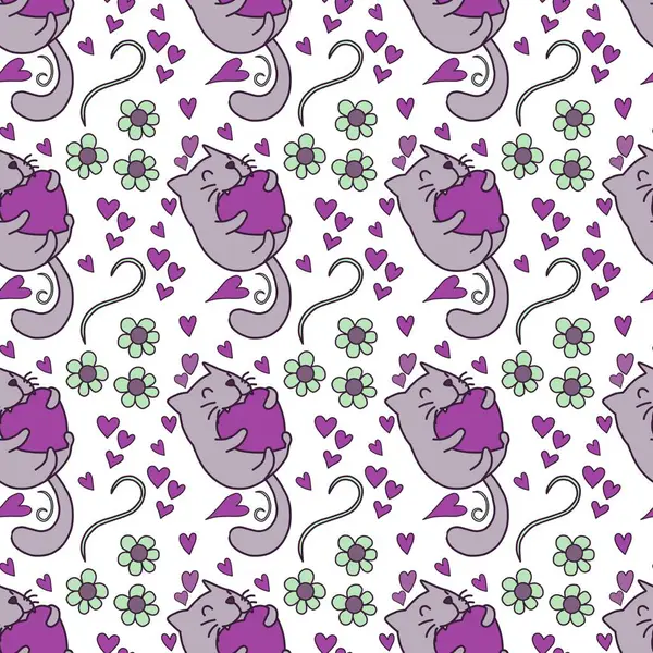 Sevgililer Günü 'nü seven el çizimi sevimli kedi, kusursuz desen, arka plan, çizgi film, baskı, sanat