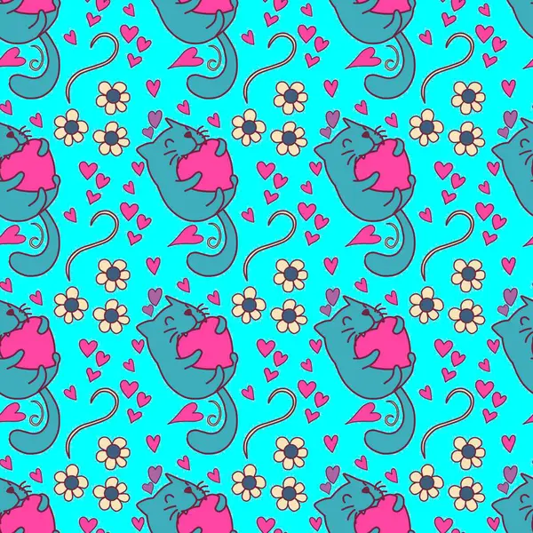 Sevgililer Günü 'nü seven el çizimi sevimli kedi, kusursuz desen, arka plan, çizgi film, baskı, sanat