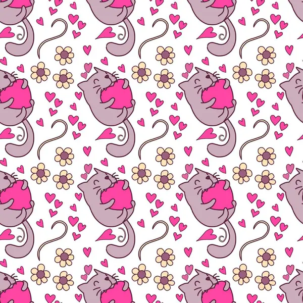 Sevgililer Günü 'nü seven el çizimi sevimli kedi, kusursuz desen, arka plan, çizgi film, baskı, sanat